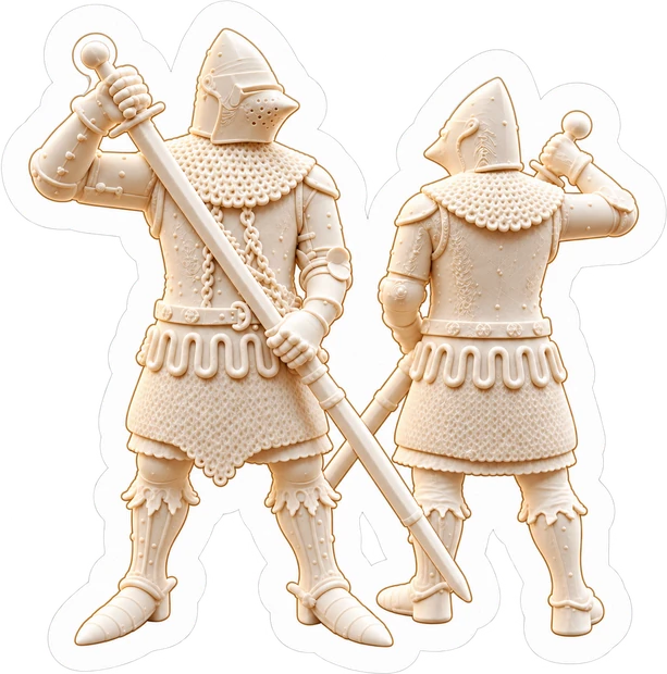 Two detailed 3D printed knight figures in white PLA